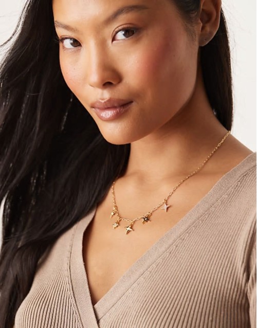mixed starburst charm necklace in 18k gold plated