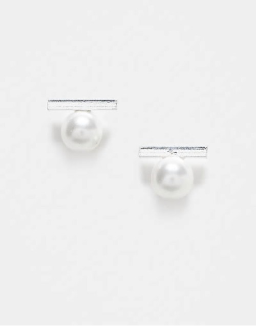 bar and pearl stud earrings in sterling silver