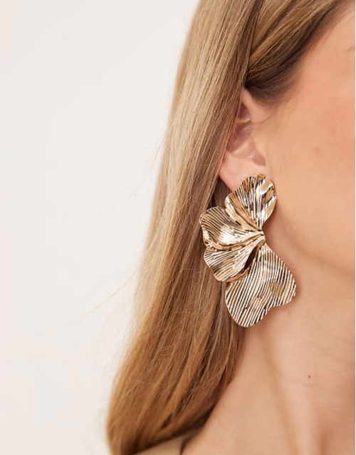 stud earrings with oversized floral petal detail in gold tone